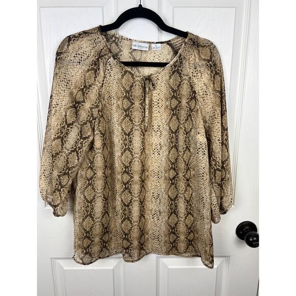 Liz Claiborne Petite Large Snake Python Print Peasant Sheer 3/4 Sleeve Top Brown - Picture 5 of 6